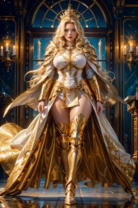 full body shot, 18 Years Old Photo Shoot, perfect beautiful face, Plus Size, Athletic ability, Woman with Full Bust, Blonde long wavy Hair, blue eyes, red lips, white skin, (((luxurious gold armor))), ((fantasy gold cloak)), depth of field, super high reso...