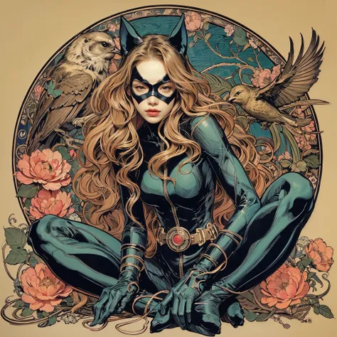 Japanese painting expression 、 designed like Mucha 、 young woman、 sitting in a Catwoman costume from The Dark Knight Rises、batpod  、 long hair、Tattoo、Precision in the details、Wabi-sabi、 Flower Bird Wind Moon、 Art Nouveau