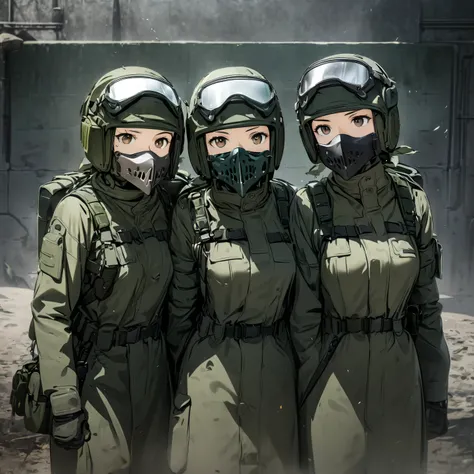  four female soldiers in dark green military coats、Helmet、 anti-virus mask 、Goggles、Magazine Pouch、Tactical shoulder strap、Knee pads、Elbow pads，Standing side by side、masterpiece、 is the best quality、High precision CG 、8K Picture Quality