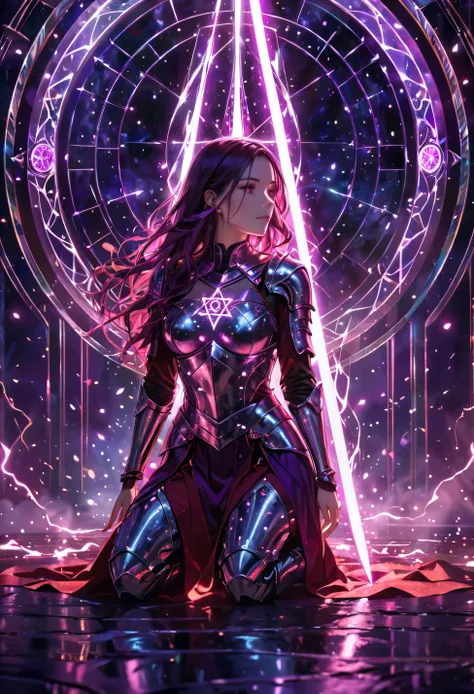 (best quality, masterpiece:1.2), ultra-detailed, glowing purple sword, ancient glowing symbols on the blade, a girl wearing armor, kneeling under the sword, long flowing hair, silver armor, black and red electric arc hexagram magic circle background, magic...