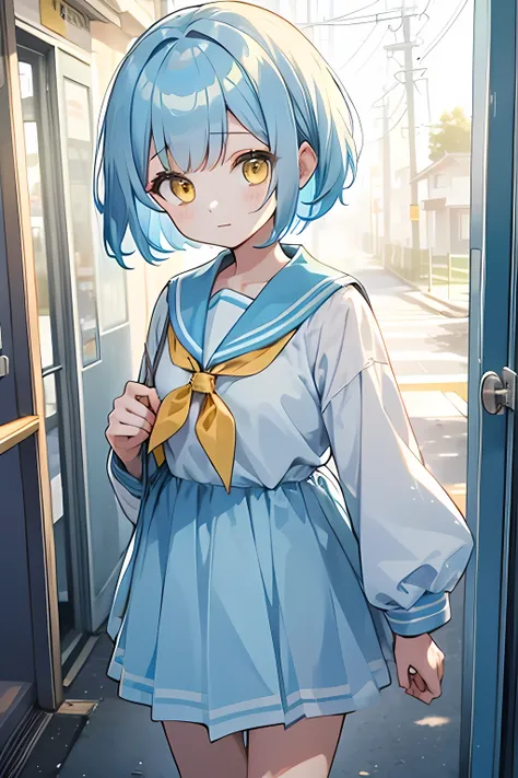  light blue hair、Bob Hairstyle、pattsun maegami、 yellow eyes、Stray hair、 Light Blue Sailor Suit、 girl