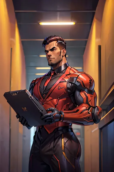 A muscular mature robot office worker man wearing dark red color business suit is standing in the office, handsome, beautiful muscles, complex and elegant, male-centric, big ass, big pectoral muscles, metallic black color body,