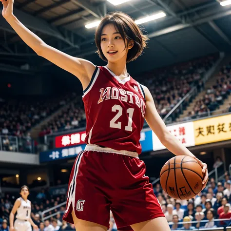 A stunningly beautiful Japanese high school girl with chestnut-colored short bob hair, photorealistic and aesthetic, wearing a basketball uniform. She is on a brightly lit basketball court during an intense and exciting basketball game. Captured in a dynam...