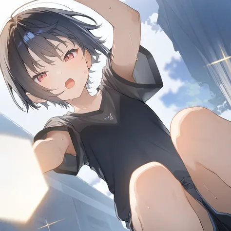 1girl, little female, tomboy, flat chest, sweat, shorts, beautiful detailed eyes,open mouth, outdoors,wind, game CG, break,(artist:akinashi_yuu),artist:fujiyama,artist:artist:yuugen,break,(masterpiece), (best quality), (ultra-detailed),(Detailed Lighting),...