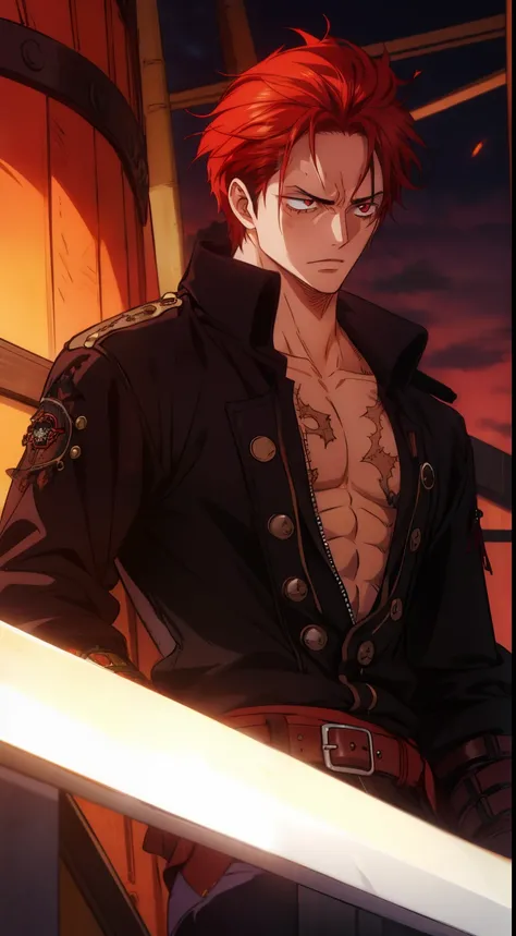 Male, wanostyle, (((high quality))), Ship, Hair: Auburn and slightly unkempt Eyes: Amber with a sharp, piercing gaze A jagged scar run ning across his chest Wears a patched, black leather coat lined with red stitching, reminiscent of pirate attire but unde...