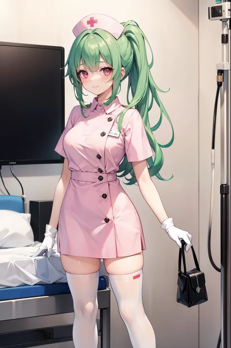 1girl, solo, nurse, nurse cap, white nurse uniform, ((white legwear, zettai ryouiki)), white gloves, ponytail, green hair, pink eyes, smile, standing, ((hospital room)), sharp outline, short sleeves, best quality, masterpiece