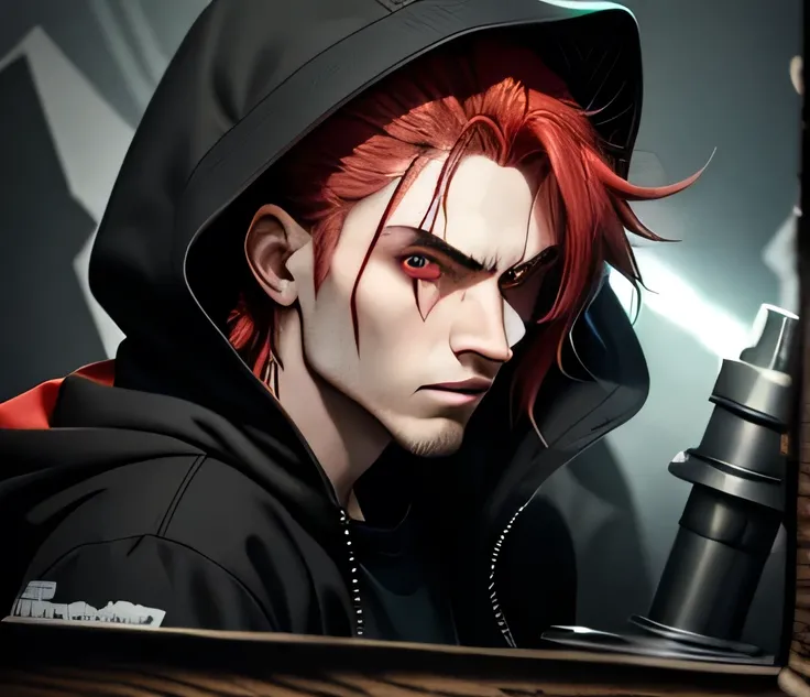 Anime boy with Reddish-blue hair,badass jawline, glowing eye wearing cargo pant and wearing black hoodie on which roaring  angry 🦁 lion os printed and wearing black head band on which 𝓑𝓞𝓓𝓔𝓧𝓩 444 written in meon Reddish-White colourAnime boy with Reddish-bl...