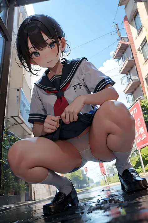 16k、 cute middle school student shows white panties、(From below:1.5)、 squat、 pee leak 、Urine leaks and puddles form on the ground 、 sailor suit 、 loafers