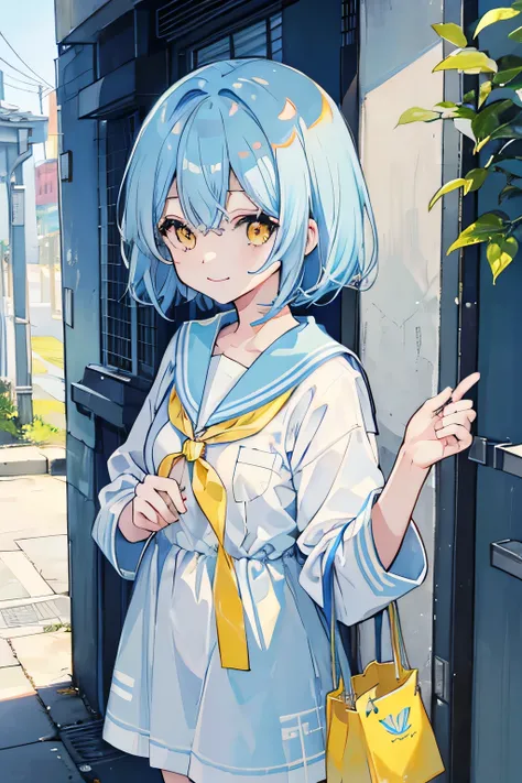  light blue hair、Bob Hairstyle、pattsun maegami、 yellow eyes、Stray hair、 Light Blue Sailor Suit、 girl、smile