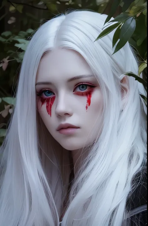 Beautiful girl with long white hair,  white skin, And red eyes, In the woods with cinematic lighting, It&#39;s dark and there&#39;s little light. She is wearing a golden white dress, Her eyes were focused,  watching viewers . Her skin is white, Her face wa...