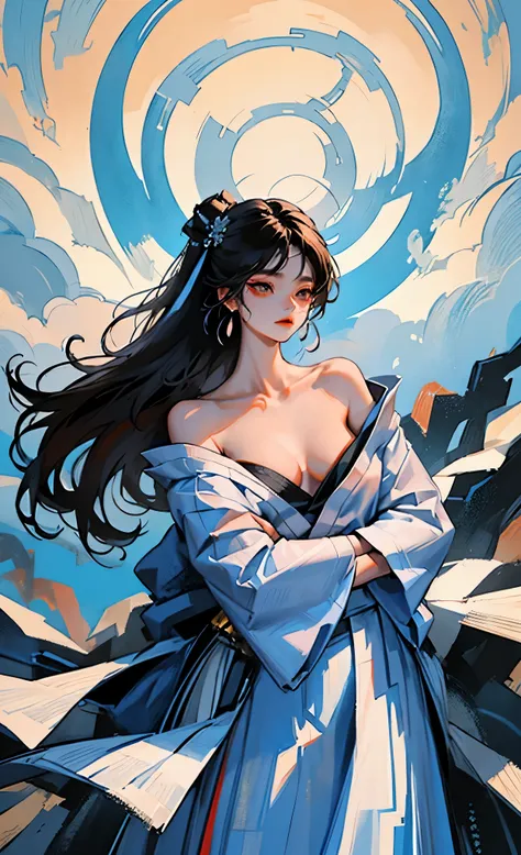 The character portrayed has an aesthetic marked by elements inspired by mythology and Asian culture. She has some distinct features:

1. **clothing**: Wears a white outfit that appears to be a kimono or traditional garment, with a neckline that shows an in...