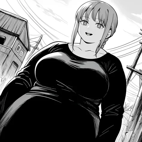 score_9, score_8_up, score_7_up, source_anime,
makima, makima, long hair, smile, bangs, braid, braided ponytail, ringed eyes, monochrome, greyscale,
dress, black dress, collarbone, long sleeves,
outdoors, wasteland, smile,
looking at viewer, cowboy shot, d...