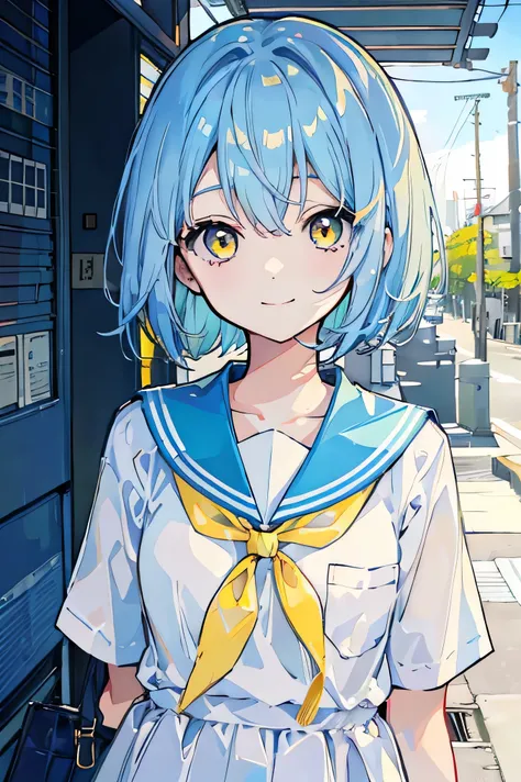  light blue hair、Bob Hairstyle、pattsun maegami、 yellow eyes、Stray hair、 Light Blue Sailor Suit、 girl、smile