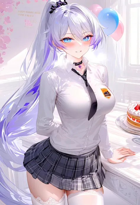 RAR, score_9, score_8_up, score_7_up, masterpiece, best quality, absurdres, vibrant, highly detailed, 1girl, adult grown woman, cowboy shot, kiana kaslana (honkai impact 3rd), herrscher of finality, silver hair, ahoge, ponytail, very long hair, blue eyes, ...