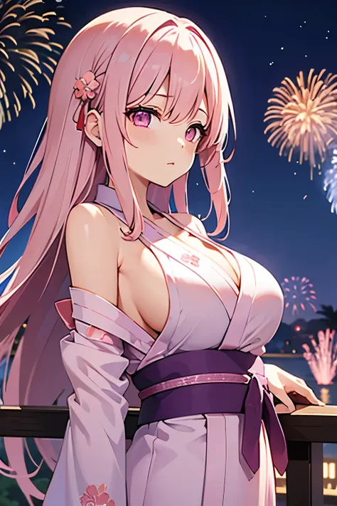  light pink hair、 long hair on background、Pale pink eyes、 big breasts 、Purple Yukata、Fireworks Sky、night