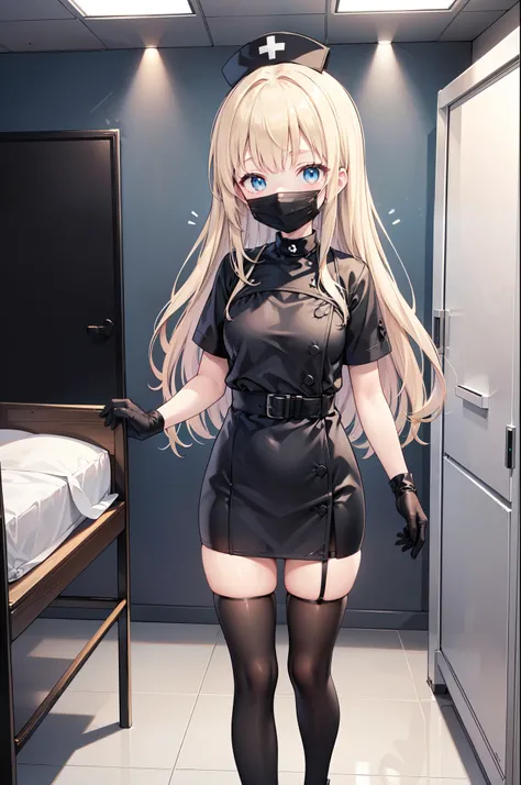 black nurse, 1woman, solo, black nurse cap, black nurse uniform, ((black legwear, zettai ryouiki)), black elbow gloves, blonde hair, blue eyes, ((black surgical mask, covered nose)), standing, ((surgery room)), sharp outline, short sleeves, mature female, ...