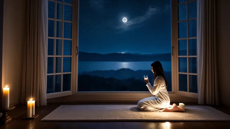 A serene night prayer, individual kneeling in prayer, moonlight filtering through a window, peaceful and contemplative atmosphere, soft shadows, glowing candles, spiritual and tranquil mood, starry sky through the window, tranquil surroundings, soft blue a...