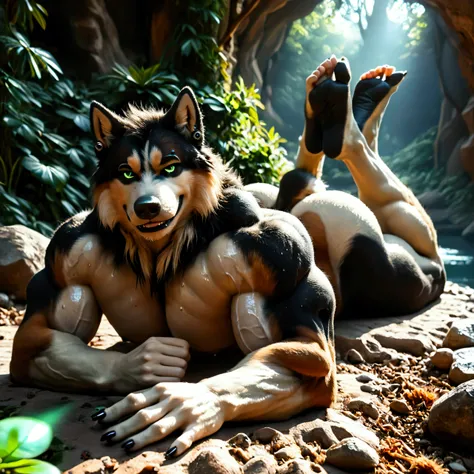 4k, 8K, A high resolution, best quality, perfect colors, perfect shadows, perfect lighting, ((by Chunie, by canyne khai)), male furry Canidae, male furry Canidae anthro, male furry Canidae Alaskan Malamute Dog anthro, solo, (((black pupils, detail faint gl...