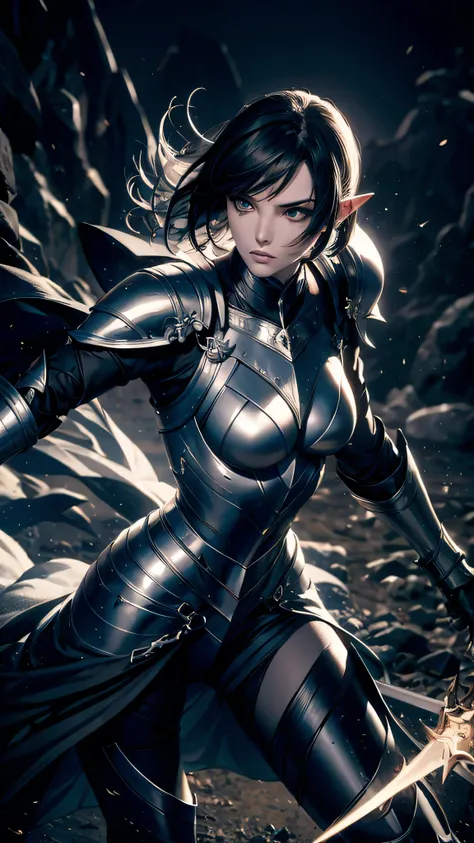 woman, black hair, metal armor, pale skin, pointy ears, fight pose, black theme, rapier, battlefield backgrounds,
