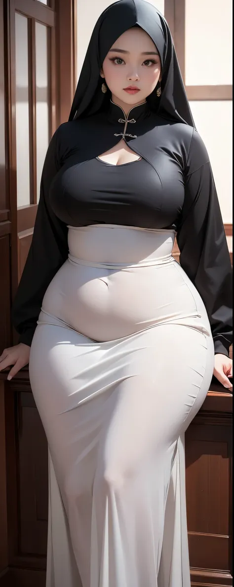 (Best quality,8k,ultra high res:1.2),(Pretty chinese-Indonesian girl),(Huge breasts:0.8),(long dress), (thick thighs:0.9), (obese body), (modern plain hijab ), (sfw), (40-year-old )