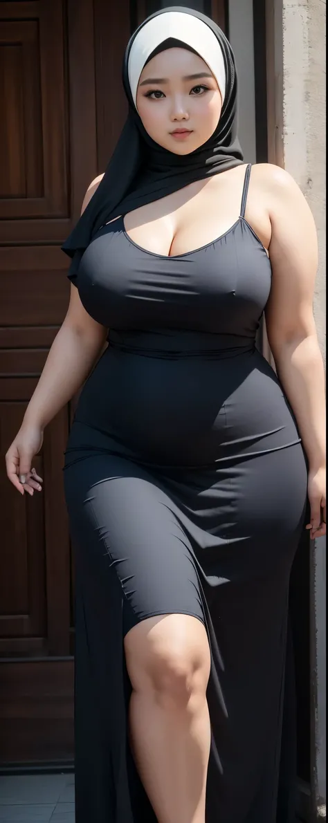 (Best quality,8k,ultra high res:1.2),(Pretty chinese-Indonesian girl),(Huge breasts:0.8),(long dress), (thick thighs:0.9), (obese body), (modern plain hijab ), (sfw), (40-year-old )