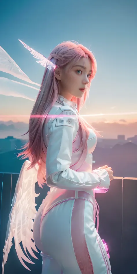 ((masterpiece, best quality, extremely detailed), volumetric lighting, ambient occlusion, colorful, glowing), 
1girl, solo, young girl, (pink hair), long hair, halo, aura, sacred, godness, cyber suit, (white outfit:1.3), android, bot, angel wings,
outdoors...