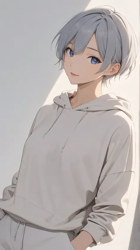 short, tousled light gray hair with a faint bluish tint, sleek and casual hairstyle with soft layers, boyish and androgynous charm, calm and introspective young woman, layered long nape, modern minimalistic style, oversized hoodie or casual t-shirt, relaxe...