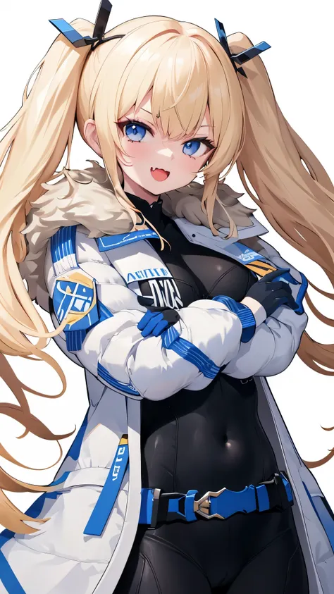 1petite_girl,masterpiece, highest quality,laplace,hair ornament, belt,white_front_open_coat_on_black_bodysuit,fur trim, gloves, blue boots,(upper body),open mouth,(crossed arms),(Standing in honor),big_Smile, smug_face, laugh,open_mouth,fang, bandage_on_ch...