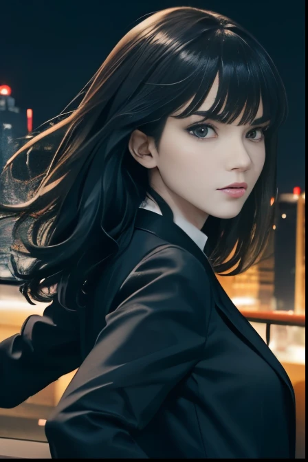 Handgun 1 :5、 holding a handgun with both hands 、Handgun 1 :3、Assassin、long black haired woman ( face forward)、 clear eyes、Angry face、 black jacket 、 white shirt、 black tight skirt、 slender figure、 is facing the viewer、Night City