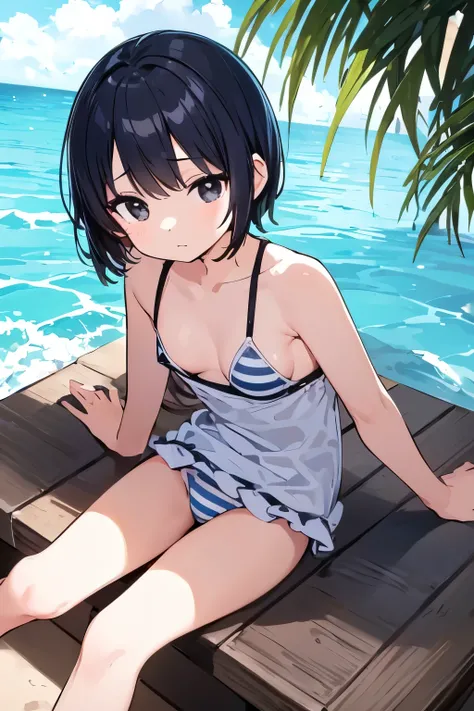 white and blue striped swimwear, absurdres, (cute illustration: 1.4), cute, black short hair,girls, teen,small tits, petite, black eyes, female genitals line ,Small tits,swimwear,girl sitting ,beach,