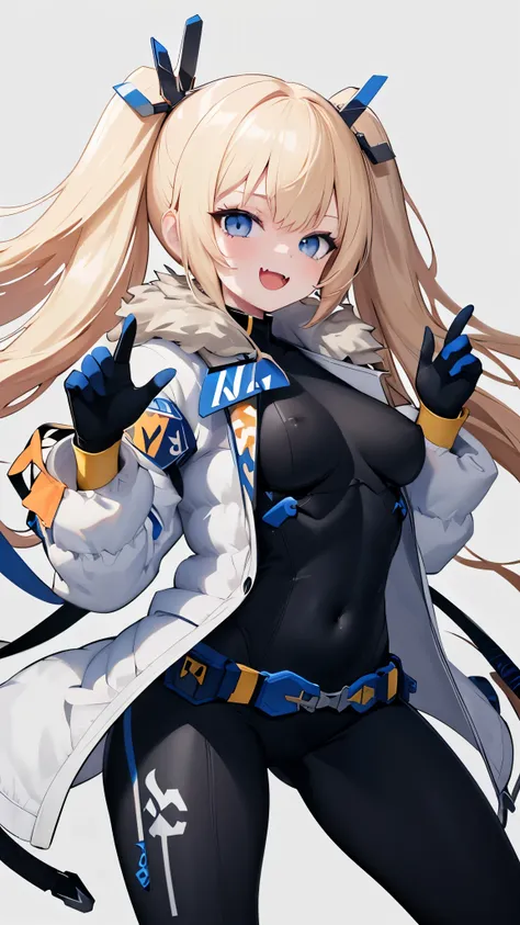 1petite_girl,masterpiece, highest quality,laplace,hair ornament, belt,white_front_open_coat_on_black_bodysuit,fur trim, gloves, blue boots,(upper body),open mouth,(put hands_on_hips),(Standing_in_honor),big_Smile, smug_face, laugh,open_mouth,fang, bandage_...