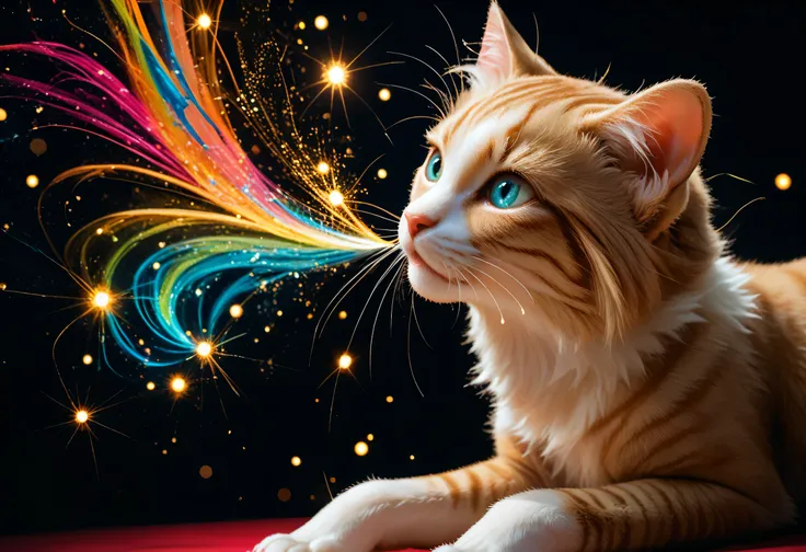 Cat, A vibrant, colorful digital painting of a cat, viewed from a dynamic angle. The cat is sitting gracefully, its body slightly turned to the side, looking upward with an inquisitive and serene expression. Its fur glows with splashes of vibrant hues like...