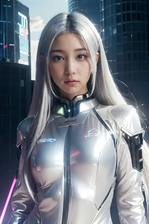 ((masterpiece, best quality, extremely detailed), volumetric lighting, ambient occlusion, colorful, glowing), 1girl, solo, young girl, (silver hair), long hair, halo, aura, sacred, goddess, cyber suit, (white outfit:1.3), outdoors, sunset, sky, clouds, spa...