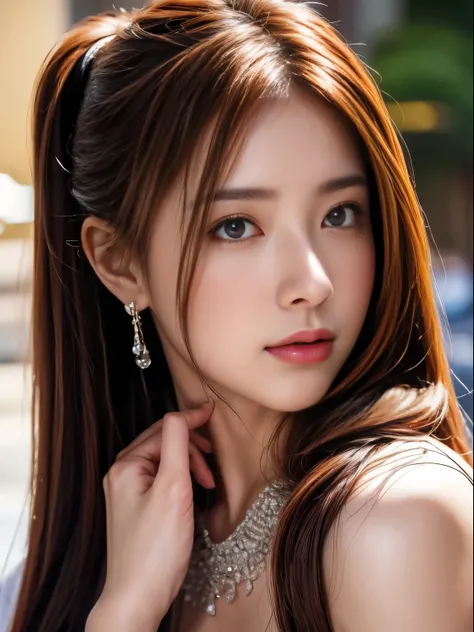  one girl,hairpin, Necklaces , earrings for a woman alone,Looking up from below,Pointed red mouth,blush, he stares shyly at viewers , Big and Rich Breasts ,( short shiny silver and orange striped hair,Intricately woven 、 beaded ponytail ,),,(  professional...