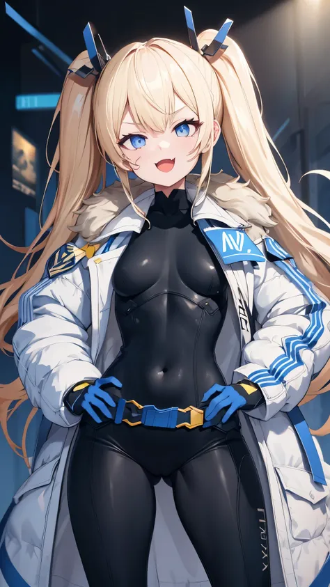 1petite_girl,masterpiece, highest quality,laplace,hair ornament, belt,white_front_open_coat_on_black_bodysuit,fur trim, gloves, blue boots,(upper body),open mouth,(put hands_on_hips),(Standing_in_honor),big_Smile, smug_face, laugh,open_mouth,fang, bandage_...