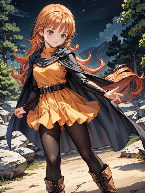  1 girl、 high definition 、  masterpieces during breakfast 、(Arena - DQ4、dq4-Arena、 orange straight hair)、  short、 thin thighs 、Thin legs、 small shoulders 、slender、Muscular、(bedroom)、( have 、 dress、Cape、belt、 black tights、 leather boots)、Night Forest、Attack...
