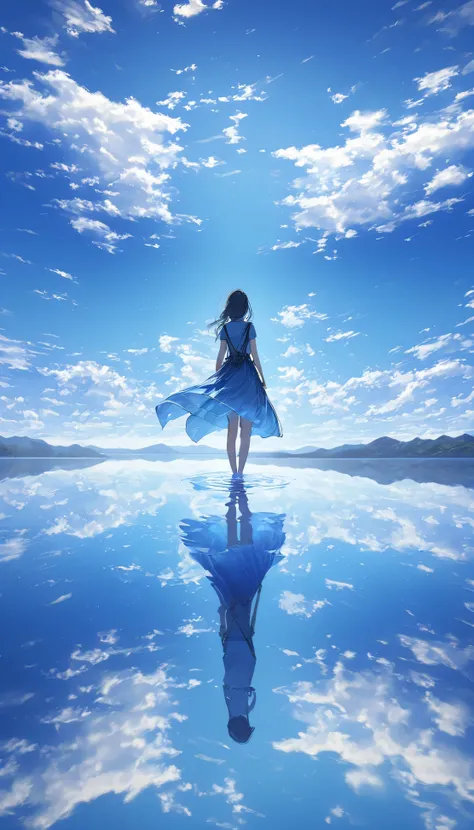 horizon, standing on liquid、Quiet Lake、The endless surface of the water 、 nature and sky reflect on the surface of the water 、 fantastic blue sky and clouds 、 A work with an overall blue image、Very beautiful、fantasy landscape、 the back of a girl standing i...