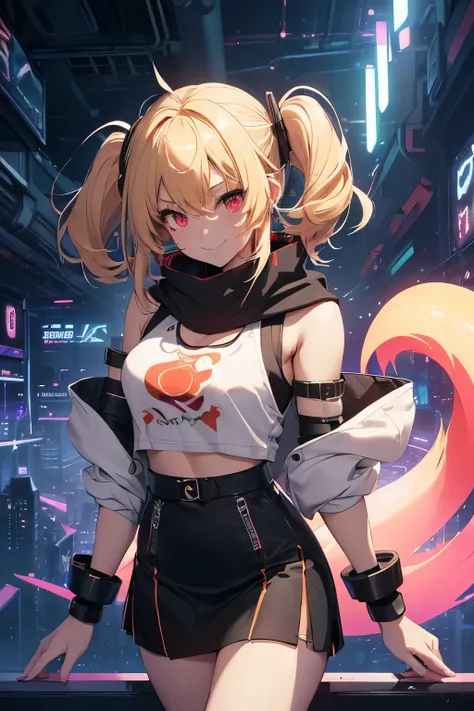 top-quality、Top image quality、​masterpiece、girl with((18year old、Black and white cyber tank top、Green Line Cyber Short Skirt、Glowing Cyber White Hoodie、Best Bust、Bust 90、Blonde Away Tail、Red Eyes、open chest wide、Valley、Happiness、A slender、ssmile、Red Face P...