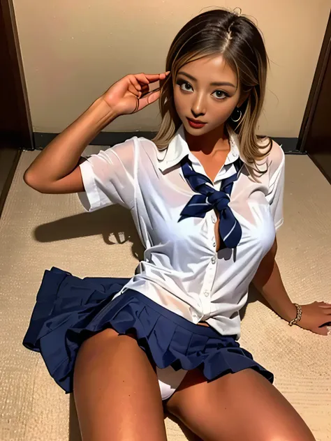  1 girl、( lies down、 Japanese girl showing off her underpants:1.1)、(( on your back with your head:1.4))、 let go of her lips、Facial expression lines 、 wet panties 、 small panties 、 realistic 、(( school uniform:1.4))、tights、 skirt、 realistic  skin texture、 r...