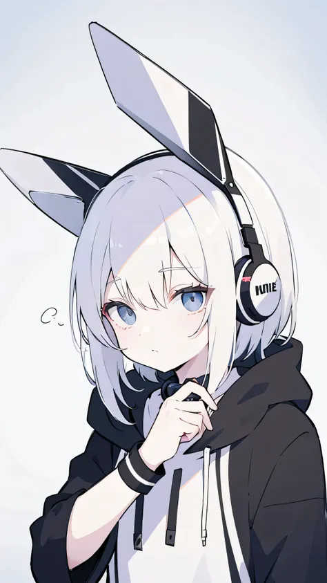 white-haired girl with headphones, cool face , are cool, perfect eye details ,Wearing a grey hoodie, pose