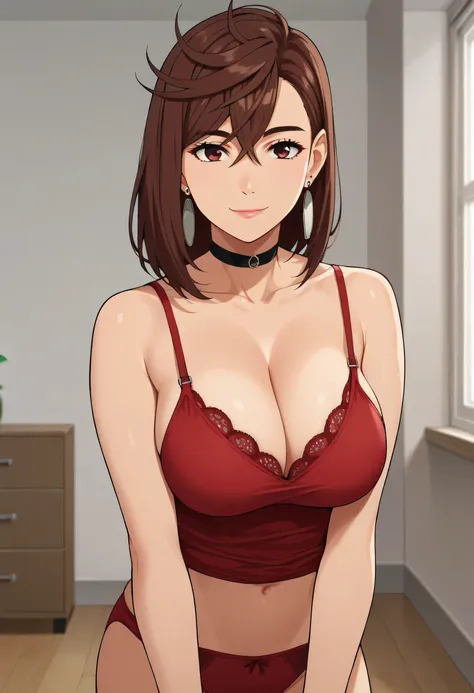 score_9, score_8_up, score_7_up, anime screencap, ayase_wz, medium hair, brown hair, brown eyes, large breasts, chocker, source_anime, 1girl, solo, , earrings, CLEAVAGE, bra,, CLEAVAGE, looking at viewer, seductive, happy, closed mouth, standing, red camis...