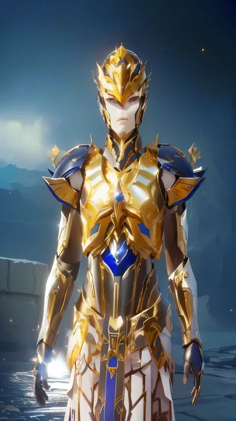 a close up of a person in a gold and blue outfit, intricate white and gold armor, golden armor wearing, gold armour suit, gold and silver armour suit, light coming off of the armor, golden armor, heavy white and golden armor, gold sci - fi armour, gilded s...