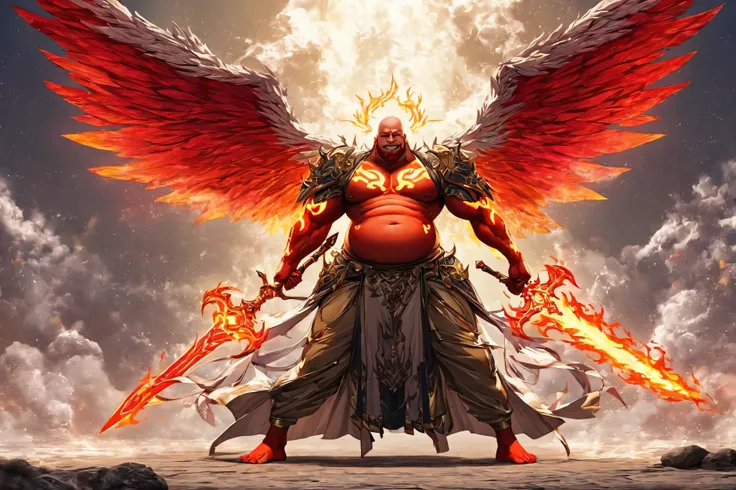 a full body shot of archangel uriel, towering aver 6 feet tall, barefooted, standing straight over the ground, like a completely bald, red bearded, hairychested beefy, quite big and strong man with just a bit of a belly, with a big smile on his face, with ...