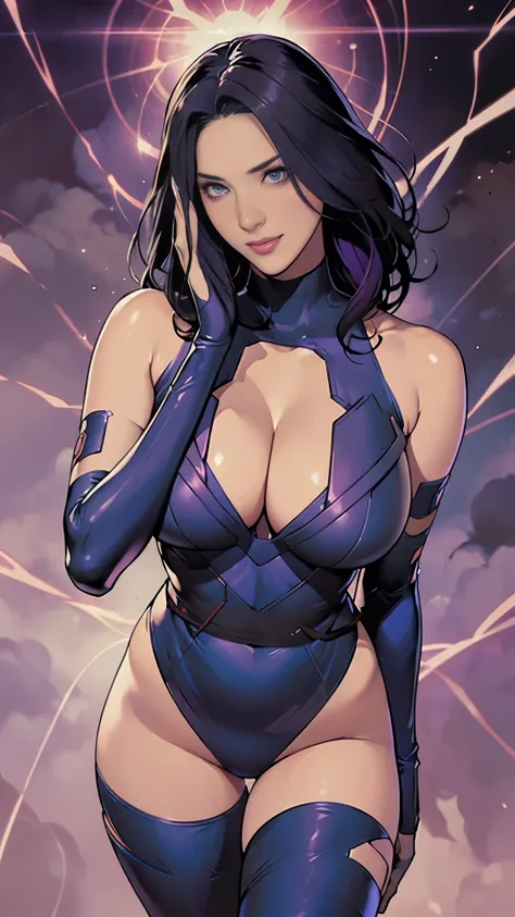 Half-length portrait，psylock:1, Serious eyes， from Marvel Comics，Big Breasts， tights ，Lay your hands flat， reveals cleavage and thighs，Smile. Bright Makeup，bust，masterpiece
