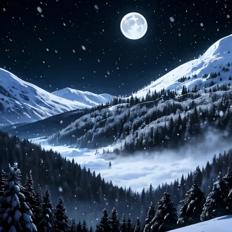 Mountain forest crowded with dead trees in winter, (snow fluttering down: 1.5), Snowy mountains, (moon floating and moonlight illuminating the sky: 1.2)