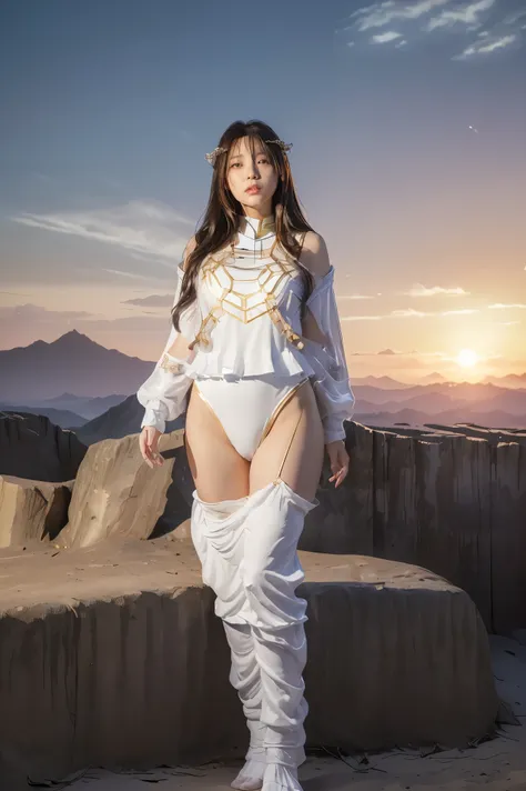 ((masterpiece, best quality, extremely detailed), volumetric lighting, ambient occlusion, colorful, glowing), 1girl, solo, young girl, (dark hair), long hair, ranger suit, hunter class dnd, cloak, (white outfit with gold detailst:1.3), armor, outdoors, sun...