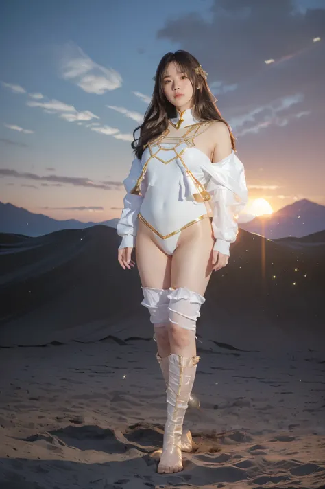 ((masterpiece, best quality, extremely detailed), volumetric lighting, ambient occlusion, colorful, glowing), 1girl, solo, young girl, (dark hair), long hair, ranger suit, hunter class dnd, cloak, (white outfit with gold detailst:1.3), armor, outdoors, sun...