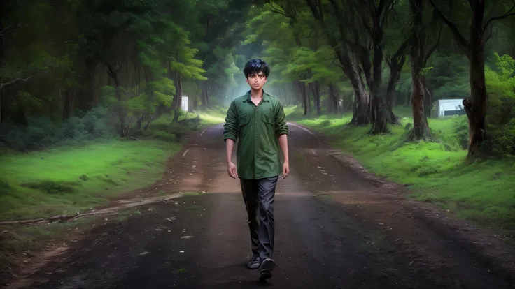 a handsome young boy walking on a pitch road, movie stills photography, mid shot portrait, amidst nature, in green forest, environmental portrait, portrait shot, matte painting portrait shot, cinematic full body shot, in front of a forest background, ayan ...