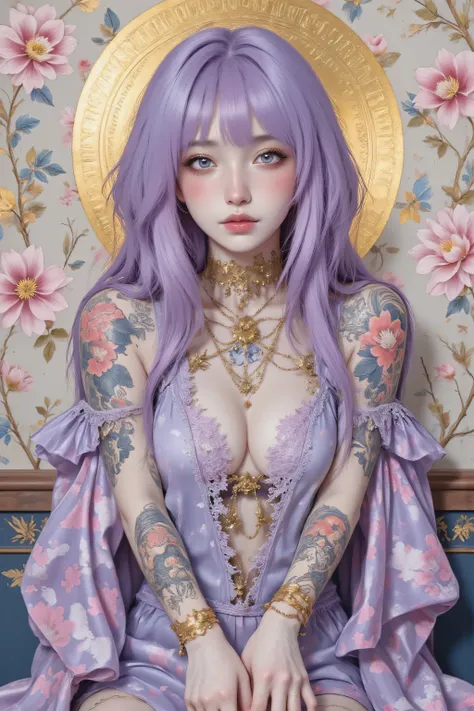 A mesmerizing surreal illustration of a young japanese woman. She has pastel purple hair with blunt bangs, blue eyes, and wears a vibrant purple and blue pastel colored outfit adorned with intricate floral patterns. Freckles dot her smooth, warm complexion...