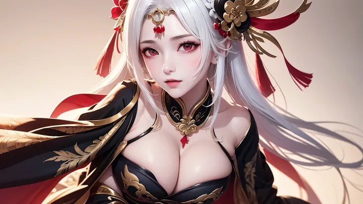 super high quality, masterpiece, Perfect illustration, Very detailed:1.6, 1girl, white hair, large breasts, bright skin, Tattoo under the eyes. fantasy royalty, onmyoji, galaxy clothes. majesty, asian dress. black and gold clothes. simple background
